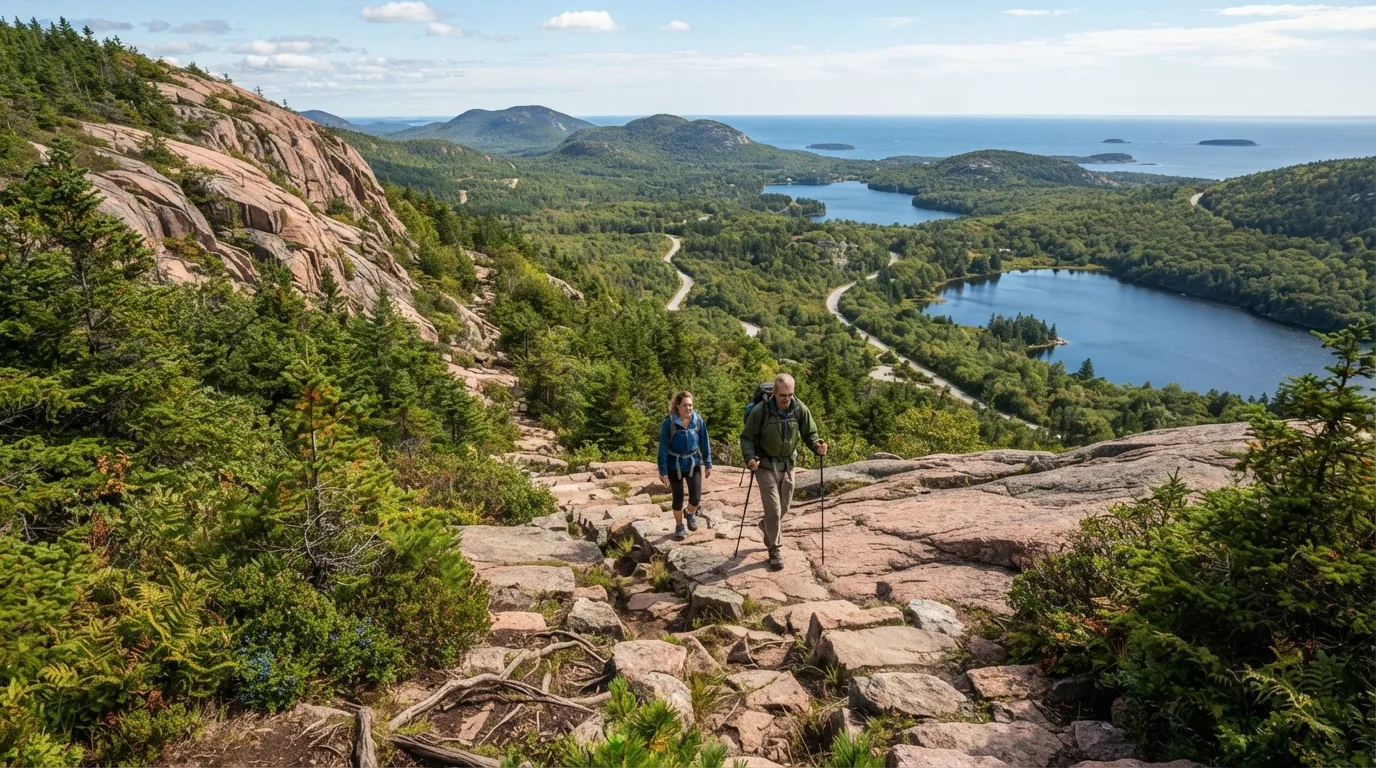 Hikers on Mansell Mountain Trail in Acadia with pink granite, spruce forest, carriage roads, ponds, coves, and Atlantic viewpoints.
