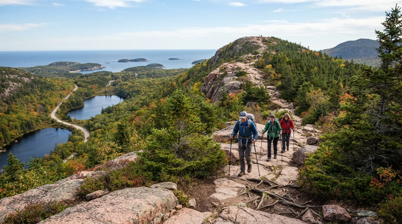 Hikers on Valley Peak Trail in Acadia with pink granite, spruce forest, carriage roads, ponds, coves, and Atlantic viewpoints.