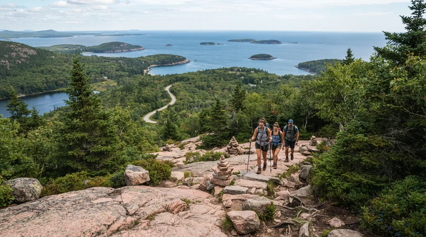 Hikers on Bernard Mountain Trail in Acadia with pink granite, spruce forest, carriage roads, ponds, coves, and Atlantic viewpoints.