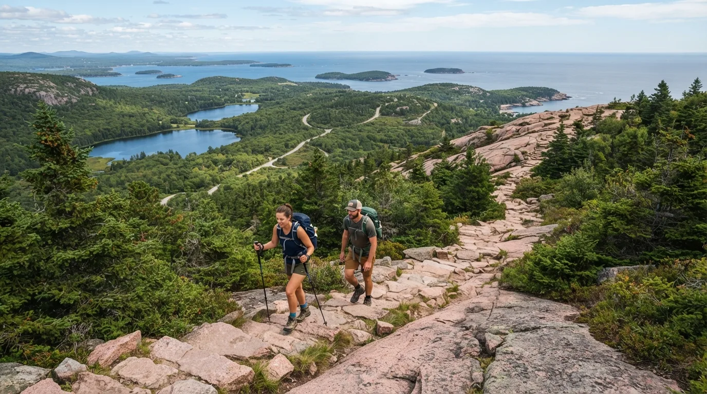 Hikers on Cadillac West Face Trail in Acadia with pink granite, spruce forest, carriage roads, ponds, coves, and Atlantic viewpoints.