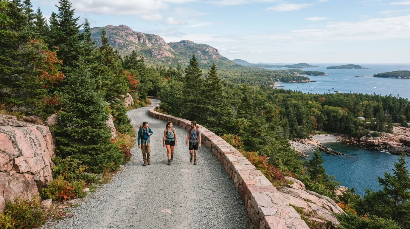 Hikers on Around Mountain Carriage Road in Acadia with pink granite, spruce forest, carriage roads, ponds, coves, and Atlantic viewpoints.