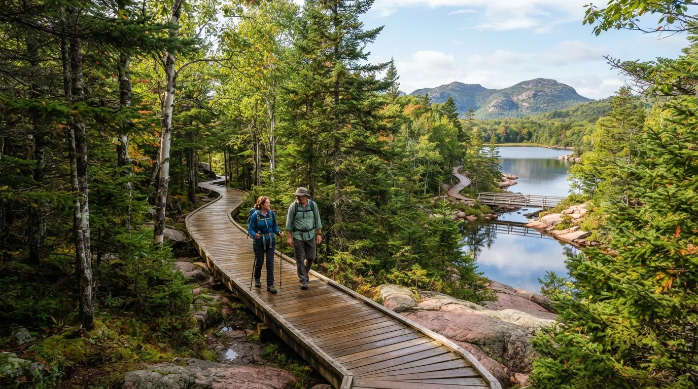 Hikers on Jesup Path and Hemlock Path in Acadia with pink granite, spruce forest, carriage roads, ponds, coves, and Atlantic viewpoints.