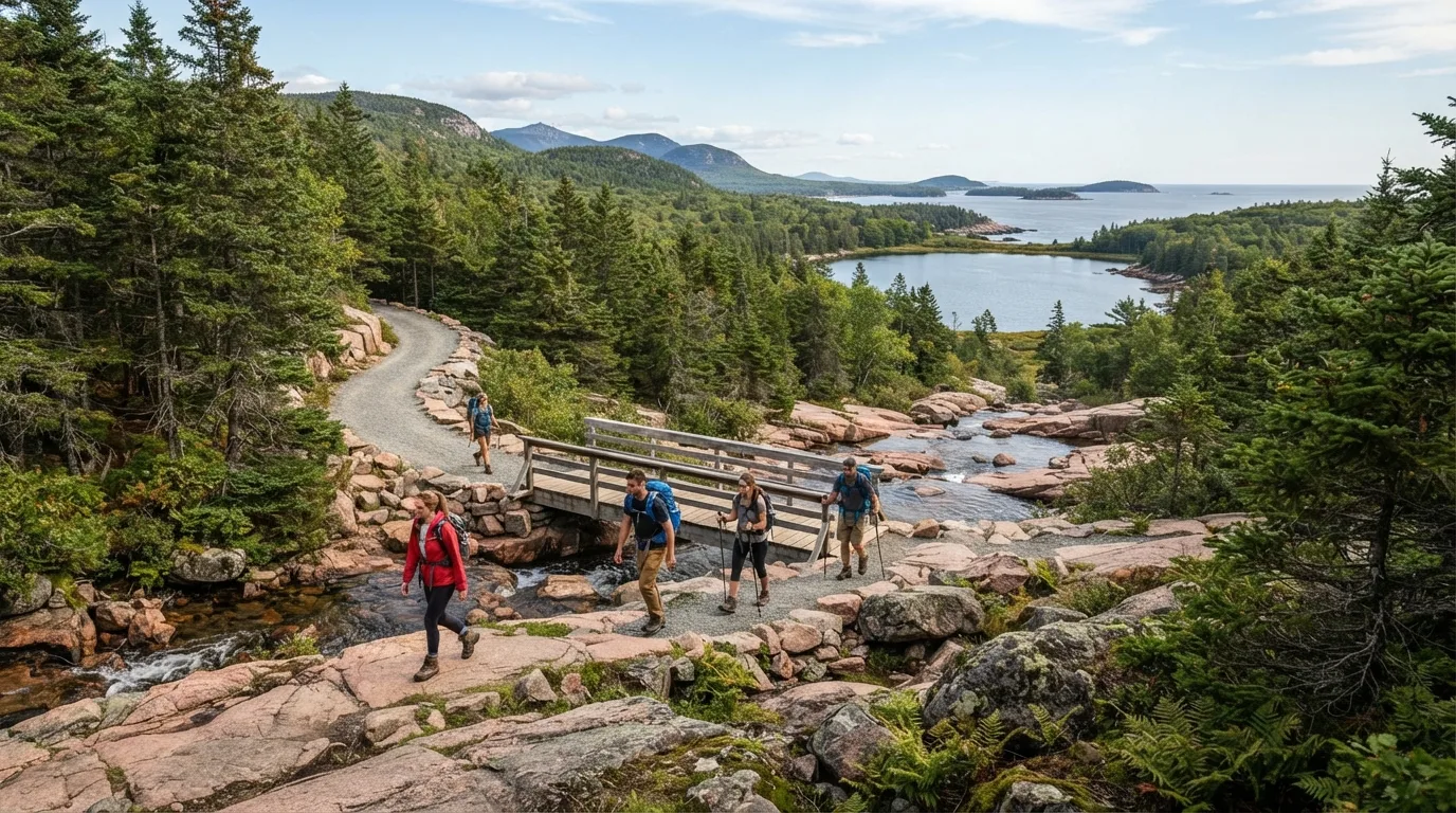 Hikers on Hadlock Brook Trail in Acadia with pink granite, spruce forest, carriage roads, ponds, coves, and Atlantic viewpoints.