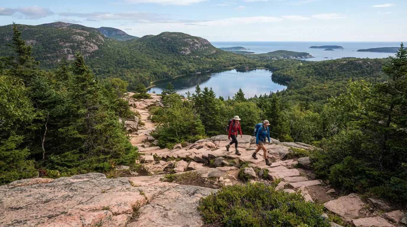 Hikers on Triad Trail in Acadia with pink granite, spruce forest, carriage roads, ponds, coves, and Atlantic viewpoints.
