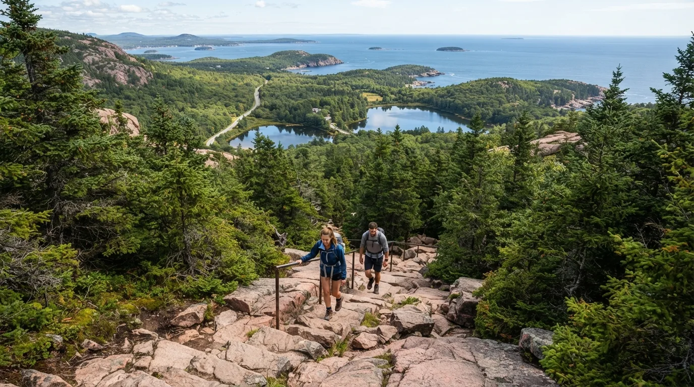 Hikers on Perpendicular Trail in Acadia with pink granite, spruce forest, carriage roads, ponds, coves, and Atlantic viewpoints.