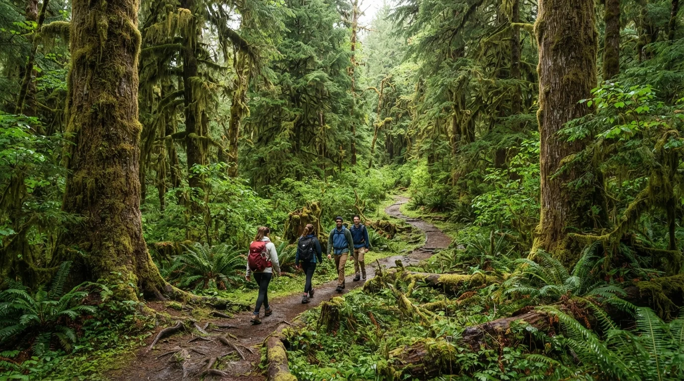Hikers on Quinault Rain Forest Nature Trail in Olympic with temperate rainforest, wild beaches, glacier-fed rivers, and alpine ridges.