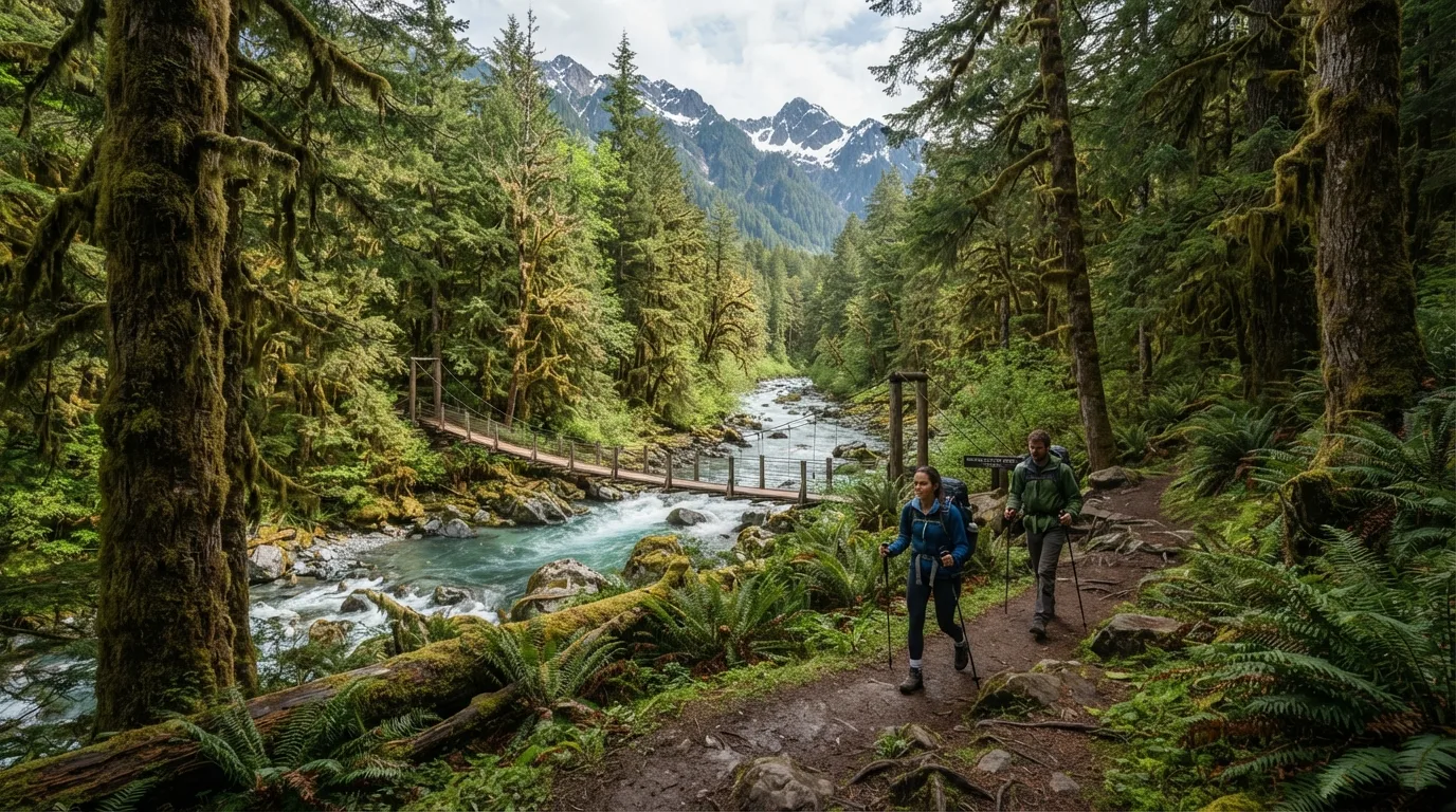 Hikers on Graves Creek to Pony Bridge in Olympic with temperate rainforest, wild beaches, glacier-fed rivers, and alpine ridges.