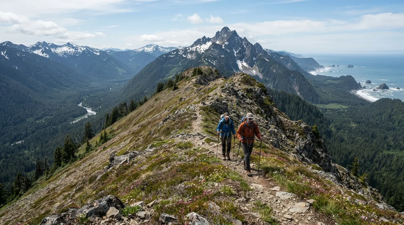 Hikers on Deer Park to Maiden Peak in Olympic with temperate rainforest, wild beaches, glacier-fed rivers, and alpine ridges.