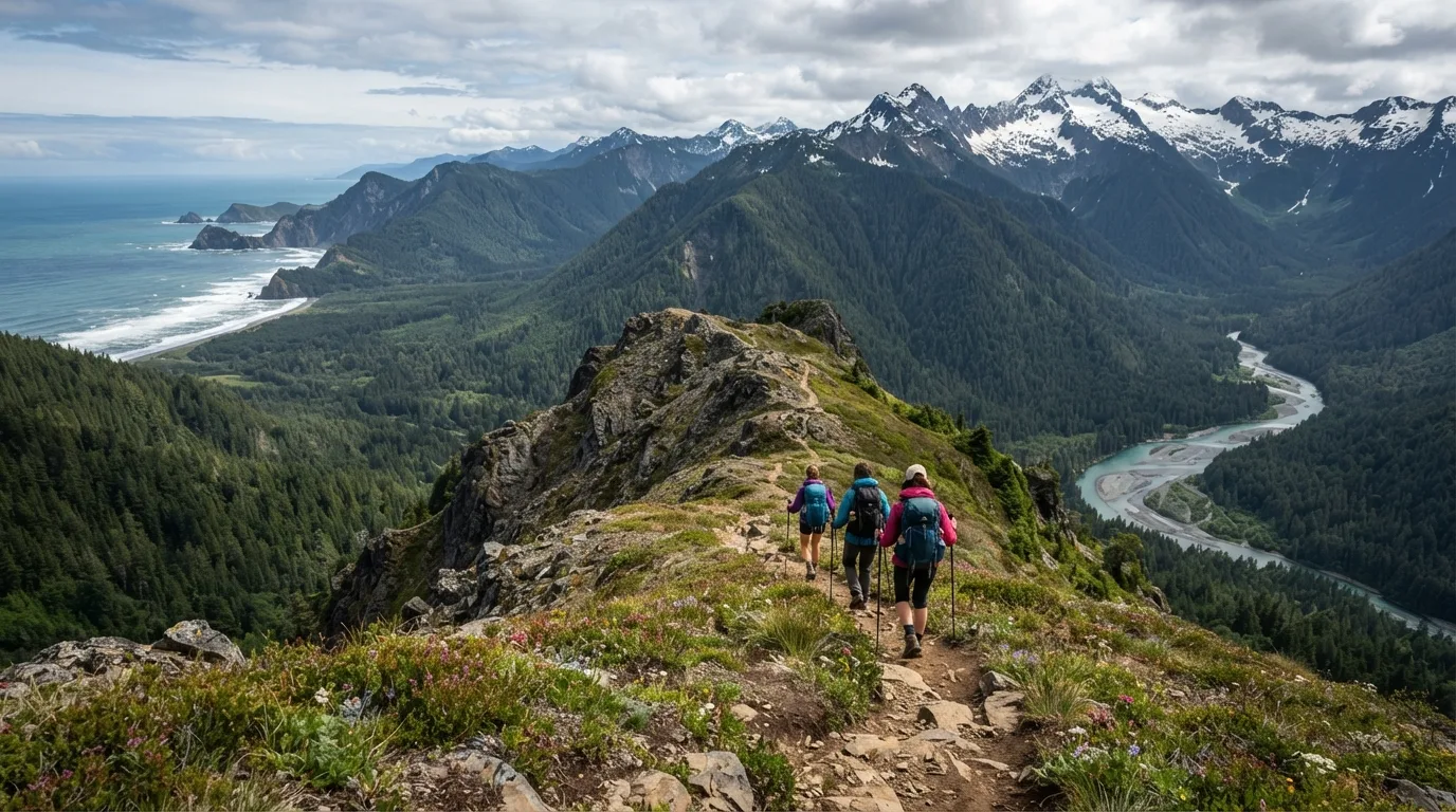 Hikers on Grand Valley Trail in Olympic with temperate rainforest, wild beaches, glacier-fed rivers, and alpine ridges.