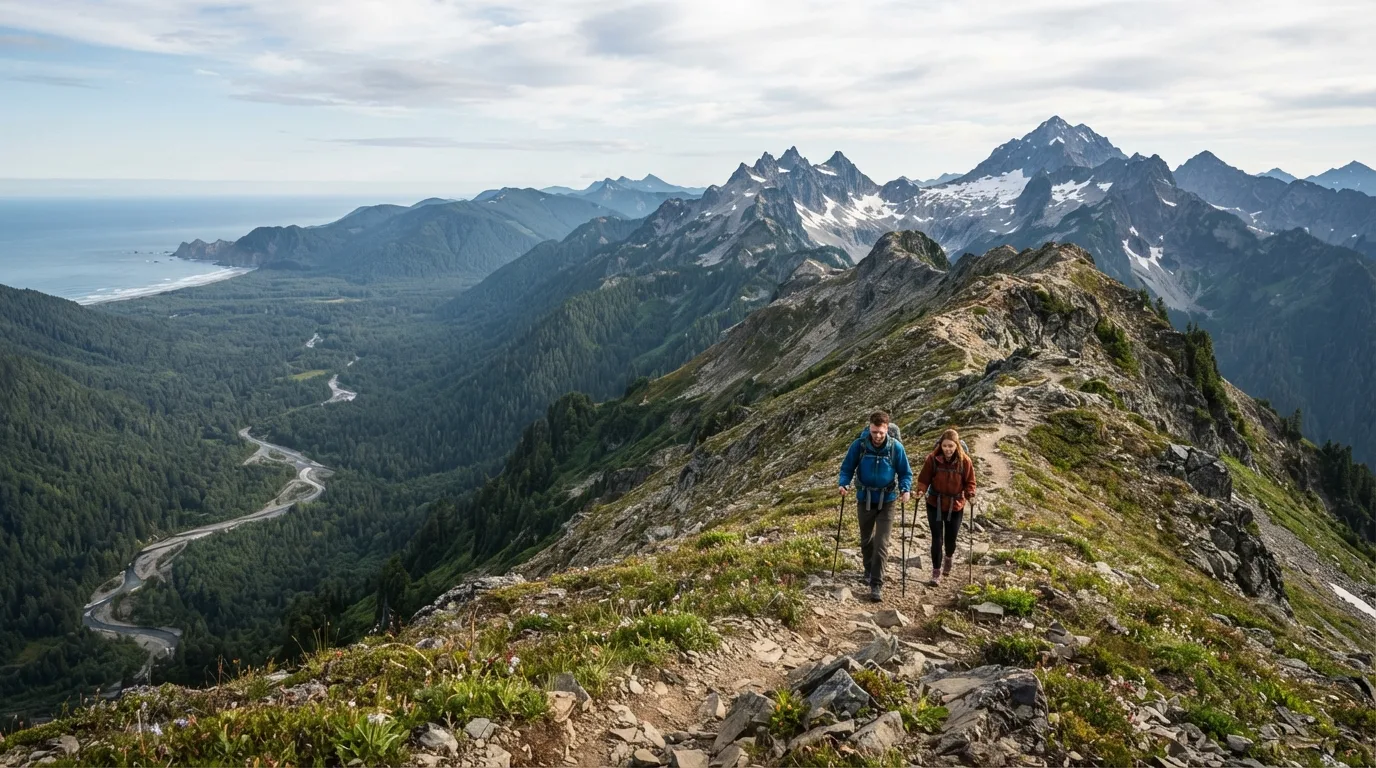 Hikers on Obstruction Point to Grand Pass in Olympic with temperate rainforest, wild beaches, glacier-fed rivers, and alpine ridges.