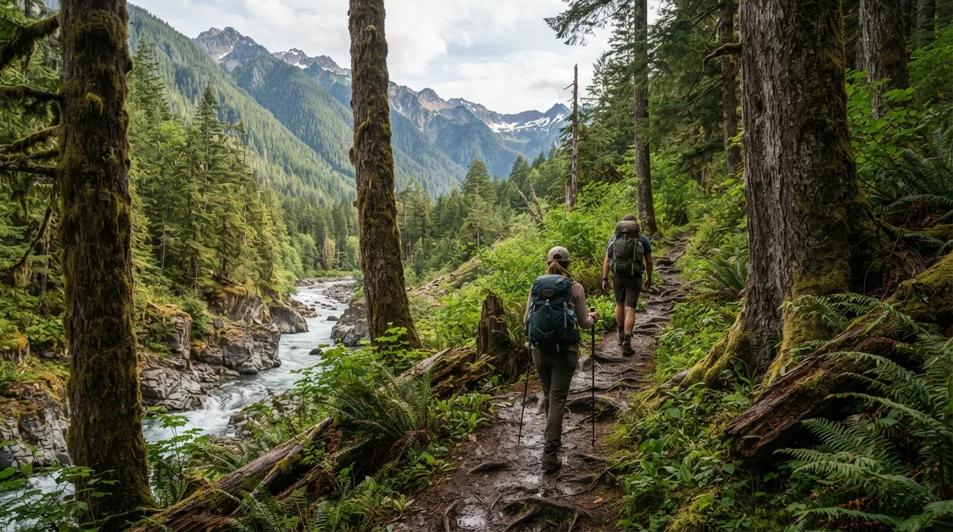 Hikers on Duckabush River Trail in Olympic with temperate rainforest, wild beaches, glacier-fed rivers, and alpine ridges.