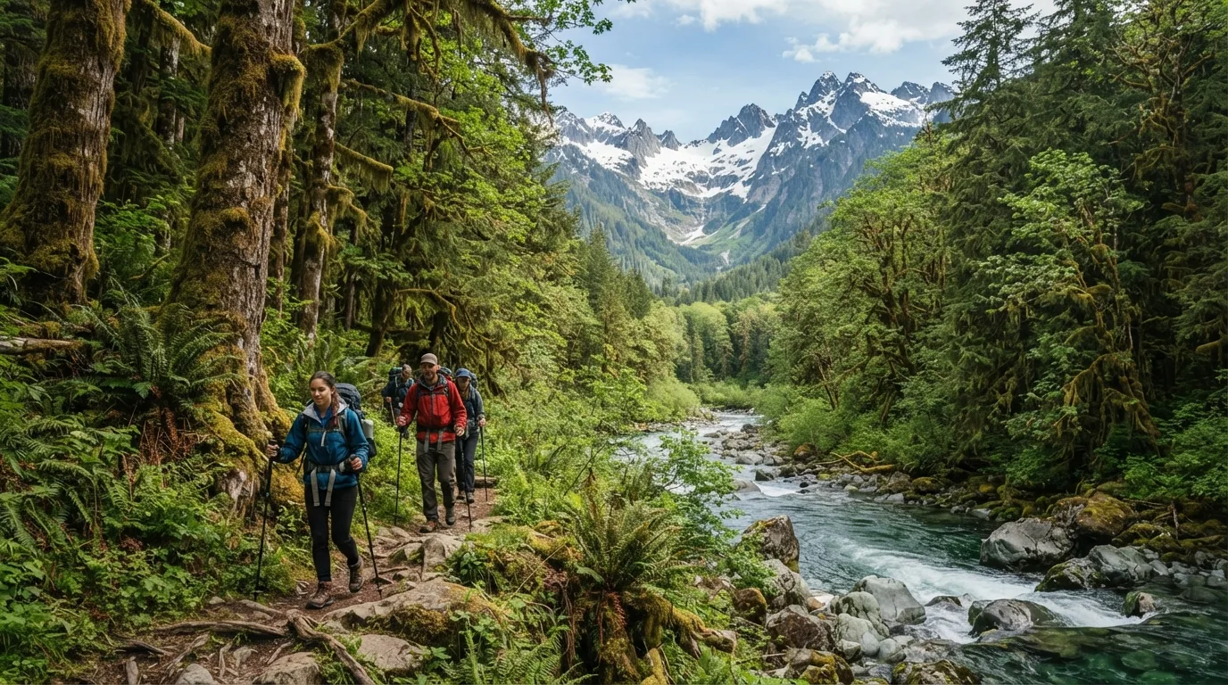 Hikers on Dosewallips River Trail in Olympic with temperate rainforest, wild beaches, glacier-fed rivers, and alpine ridges.