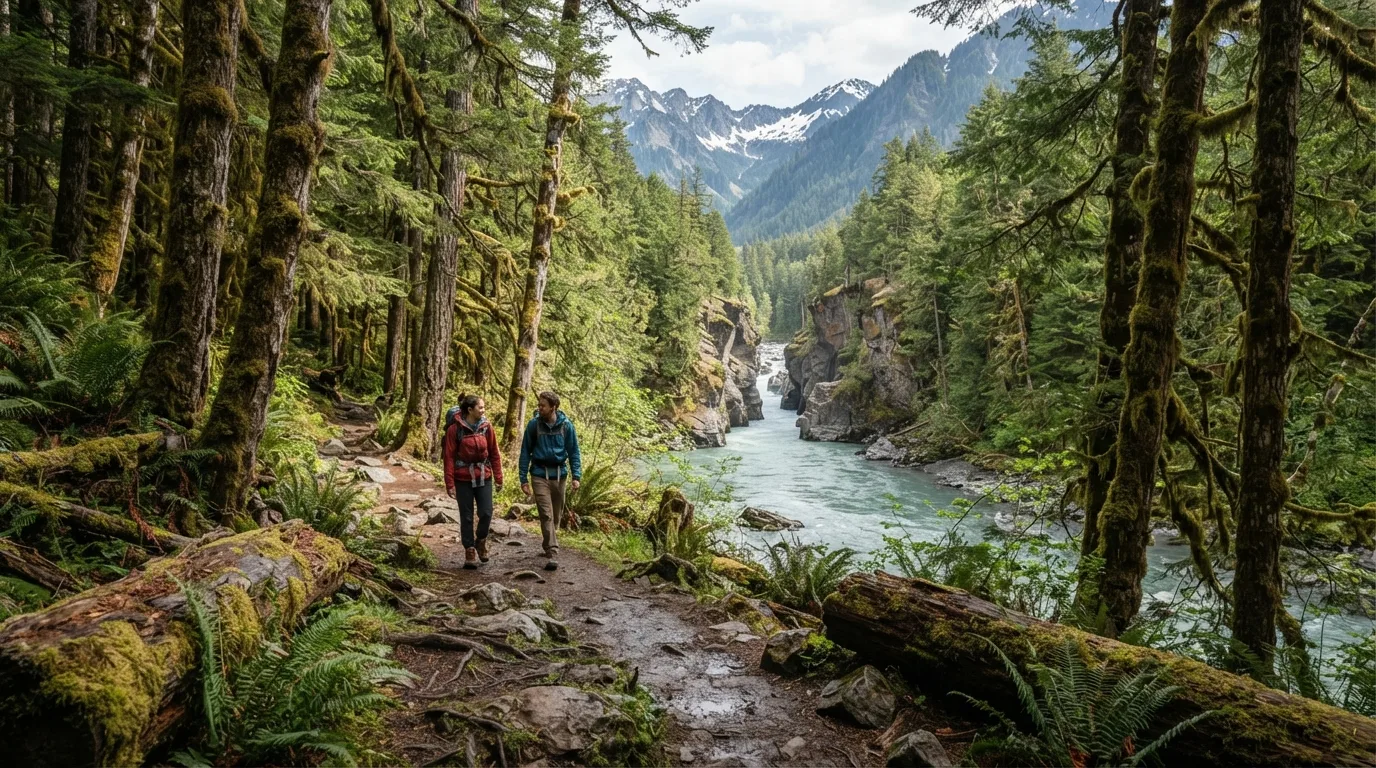 Hikers on Elwha River Trail to Goblins Gate in Olympic with temperate rainforest, wild beaches, glacier-fed rivers, and alpine ridges.