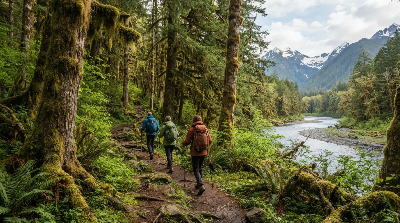 Hikers on Hoh River Trail to Five Mile Island in Olympic with temperate rainforest, wild beaches, glacier-fed rivers, and alpine ridges.