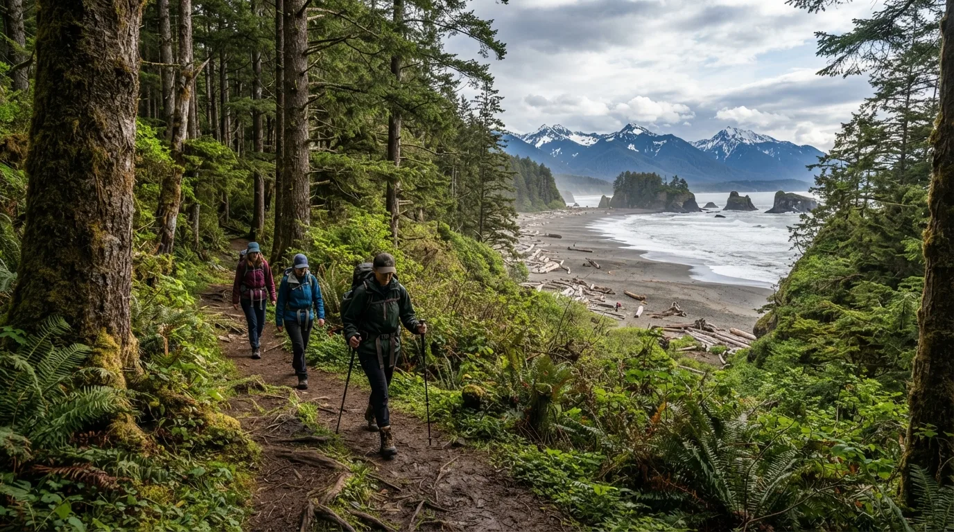 Hikers on Third Beach Trail in Olympic with temperate rainforest, wild beaches, glacier-fed rivers, and alpine ridges.