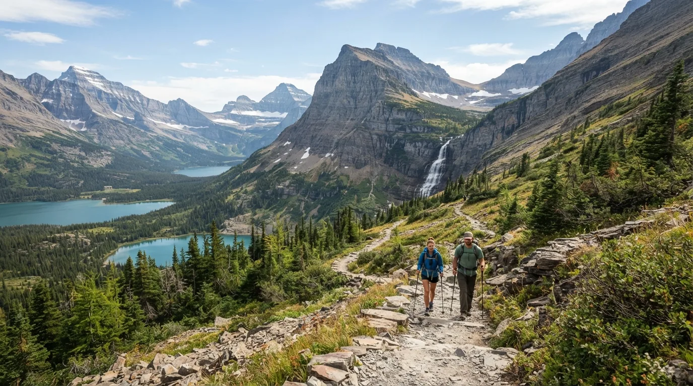 Hikers on Sperry Chalet Trail in Glacier with alpine passes, glacial lakes, bear country, waterfalls, and sweeping valley walls.