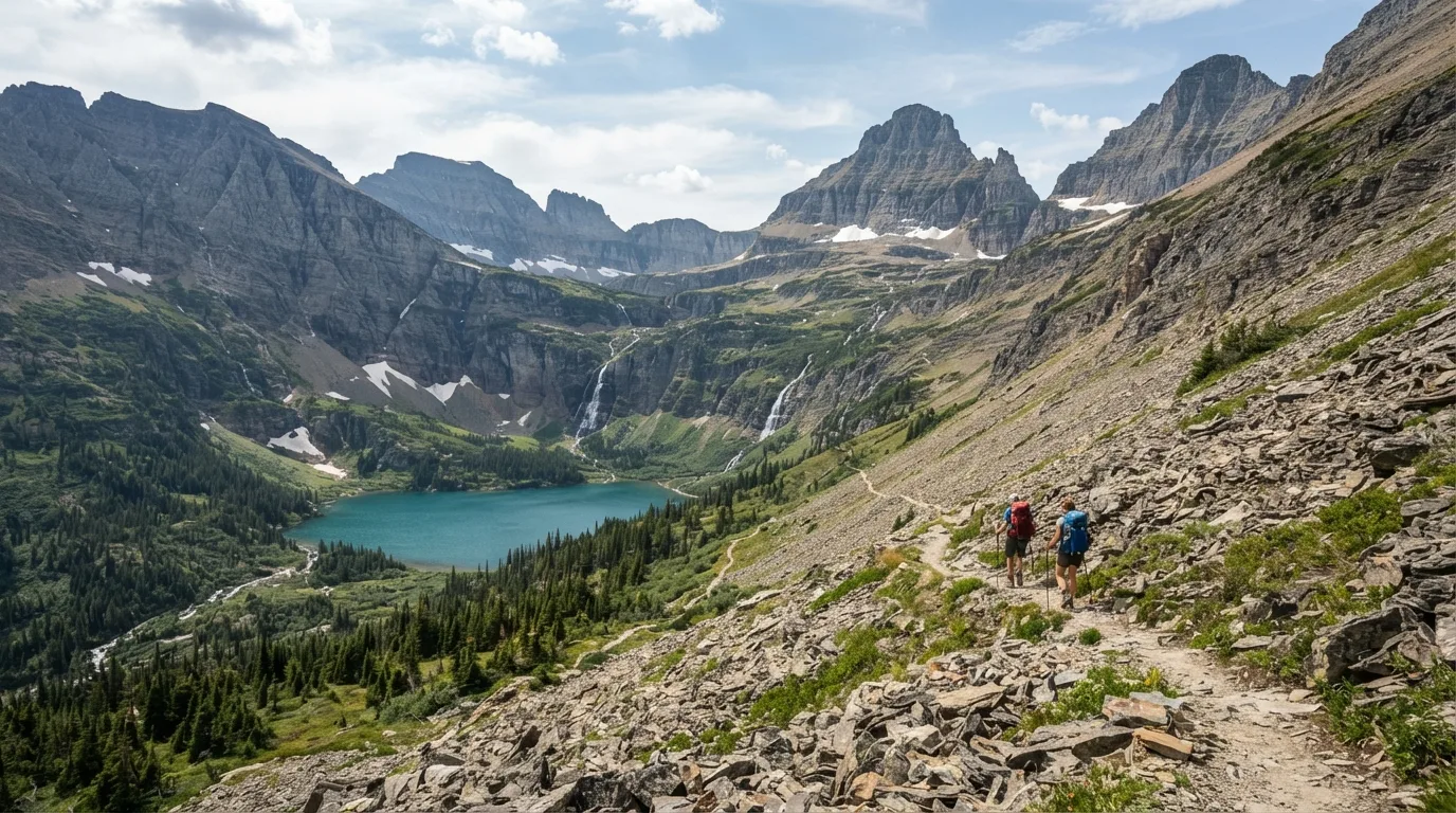 Hikers on Gunsight Pass Trail in Glacier with alpine passes, glacial lakes, bear country, waterfalls, and sweeping valley walls.
