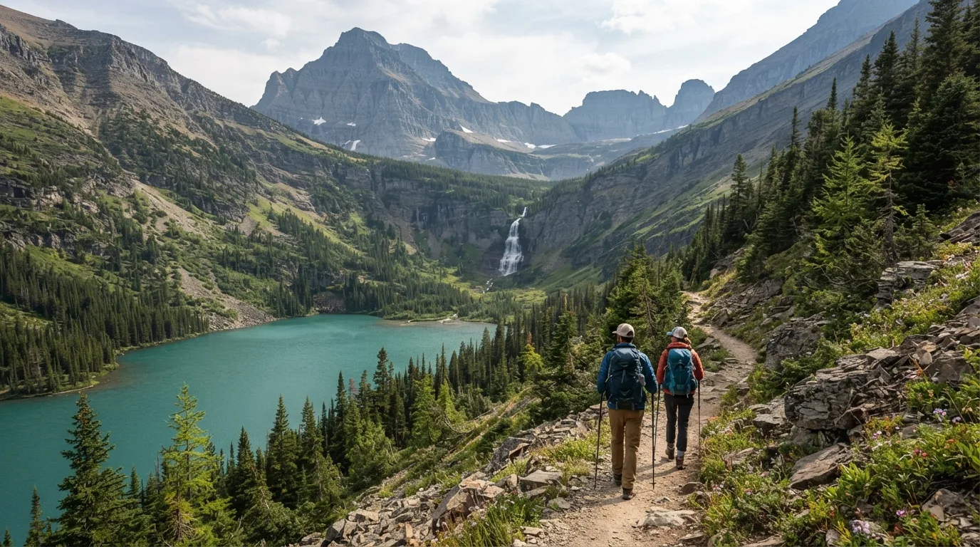 Hikers on Cracker Lake Trail in Glacier with alpine passes, glacial lakes, bear country, waterfalls, and sweeping valley walls.