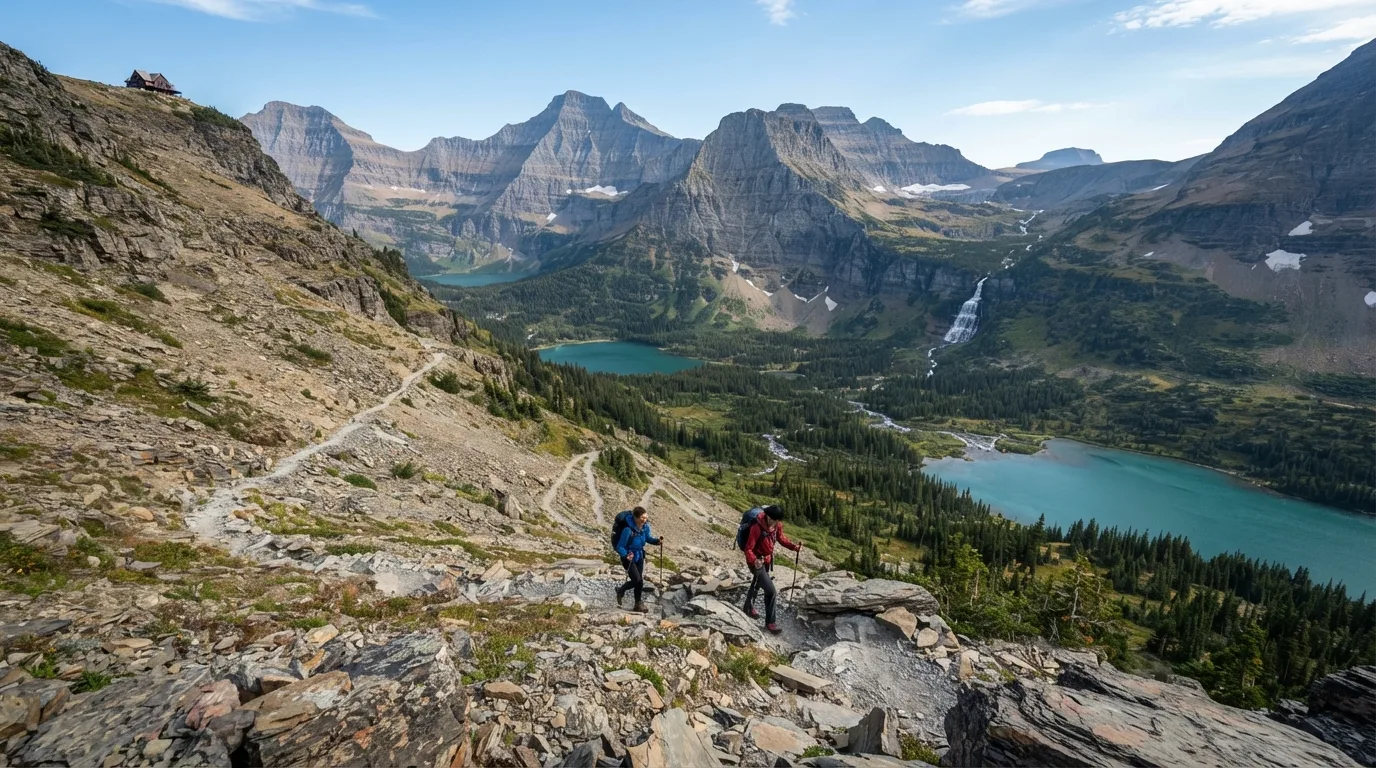 Hikers on Swiftcurrent Lookout Trail in Glacier with alpine passes, glacial lakes, bear country, waterfalls, and sweeping valley walls.