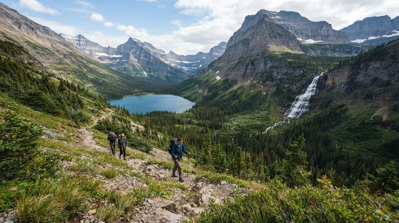 Hikers on Quartz Lake Loop in Glacier with alpine passes, glacial lakes, bear country, waterfalls, and sweeping valley walls.