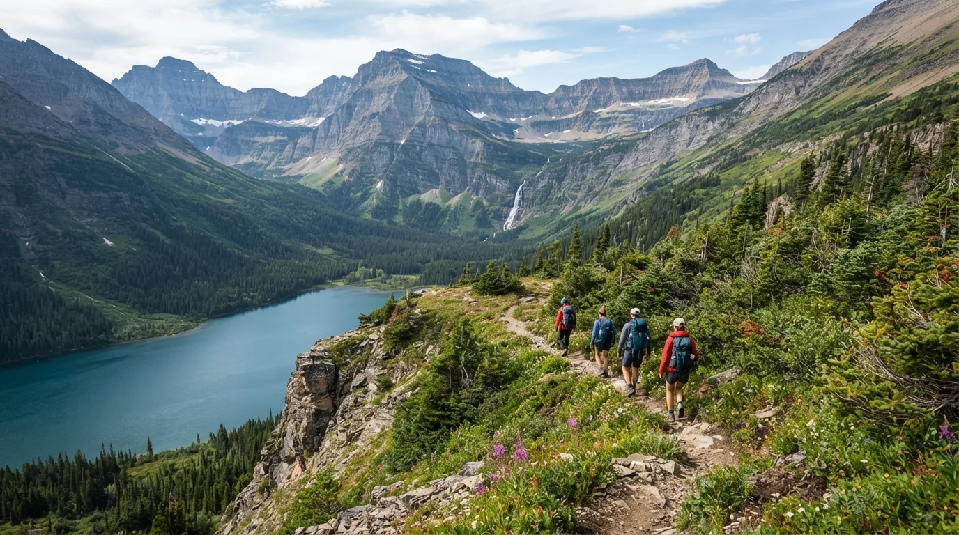 Hikers on Numa Ridge Lookout Trail in Glacier with alpine passes, glacial lakes, bear country, waterfalls, and sweeping valley walls.