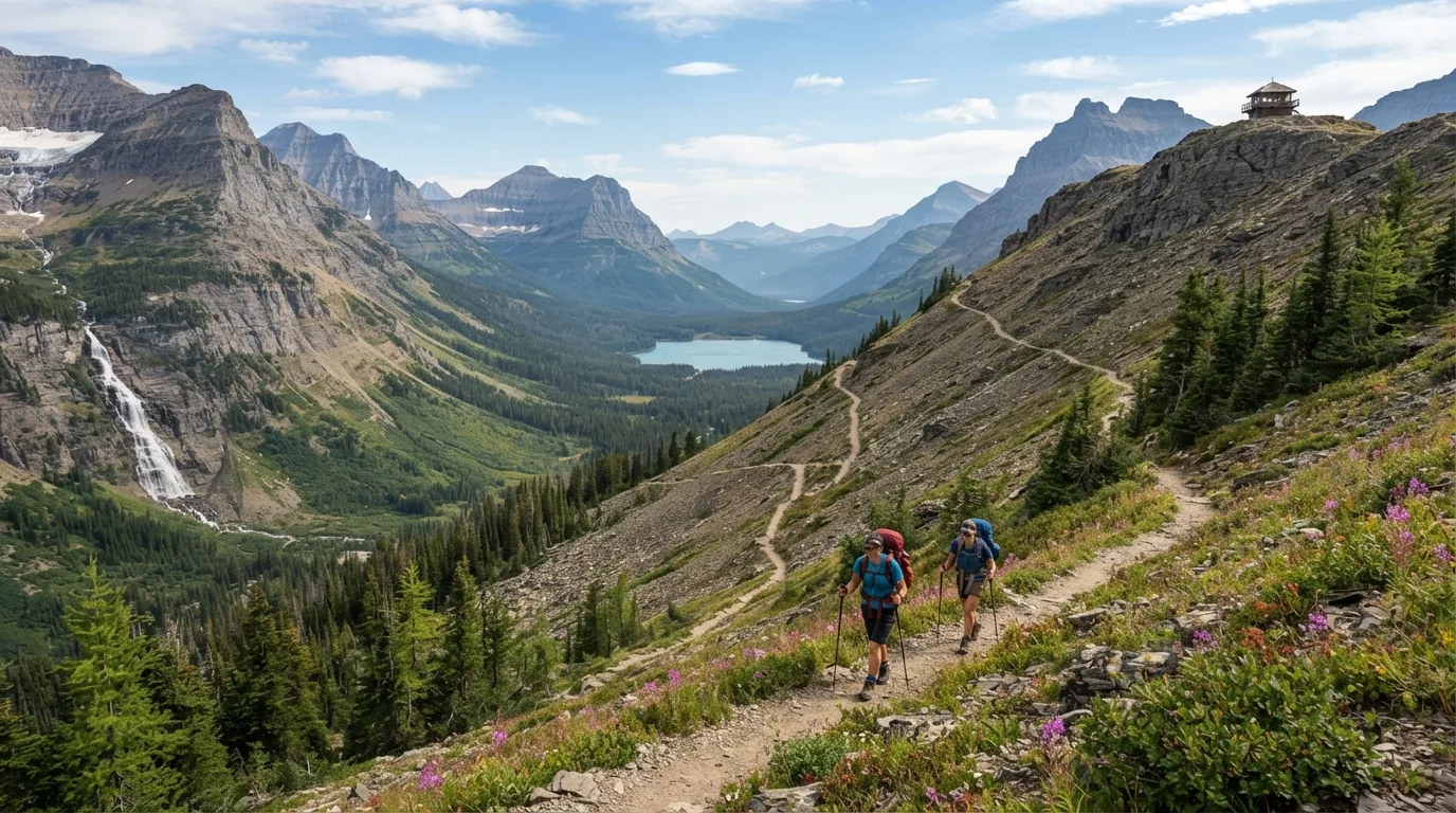 Hikers on Huckleberry Mountain Lookout Trail in Glacier with alpine passes, glacial lakes, bear country, waterfalls, and sweeping valley walls.