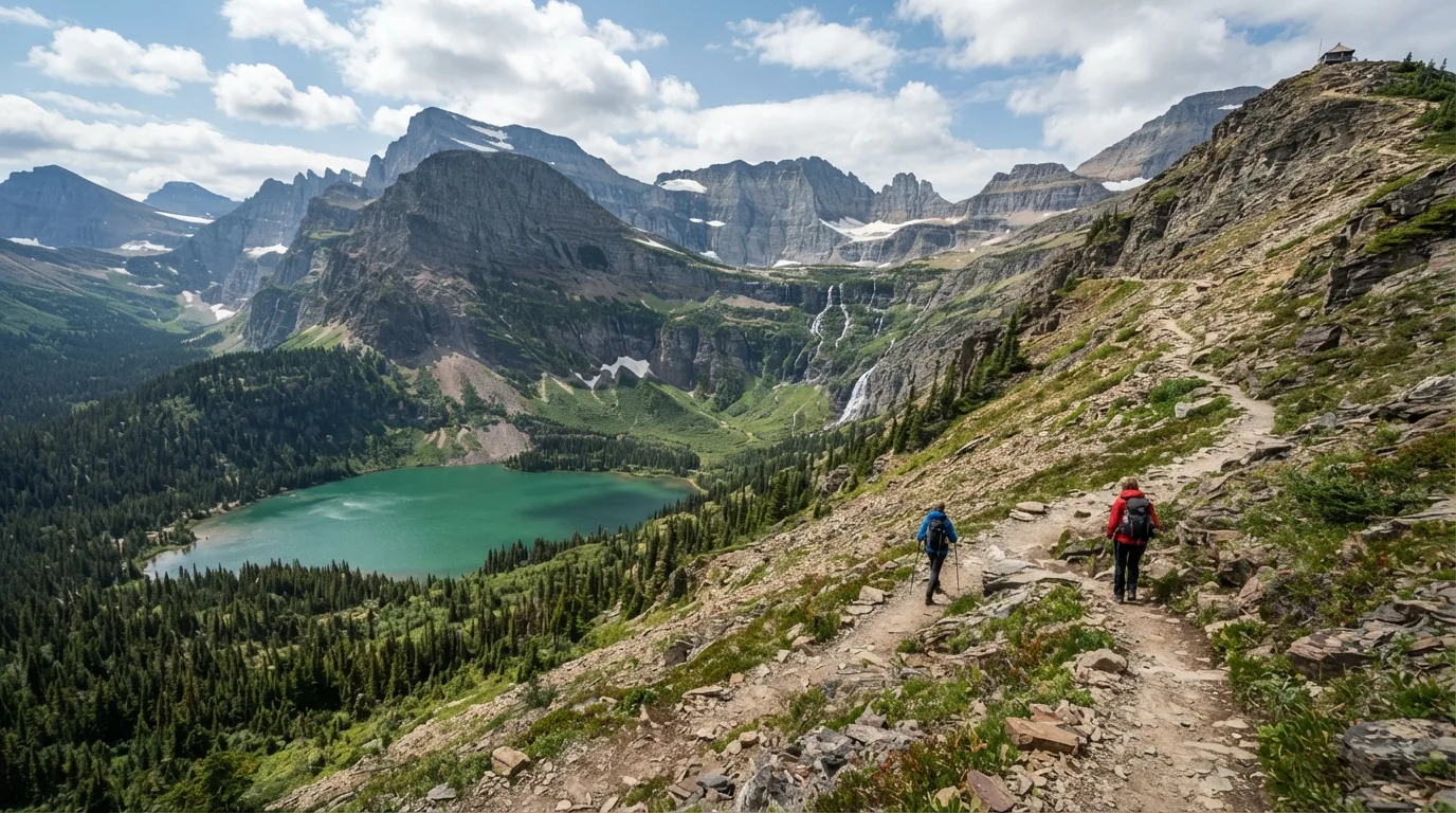 Hikers on Scalplock Lookout Trail in Glacier with alpine passes, glacial lakes, bear country, waterfalls, and sweeping valley walls.