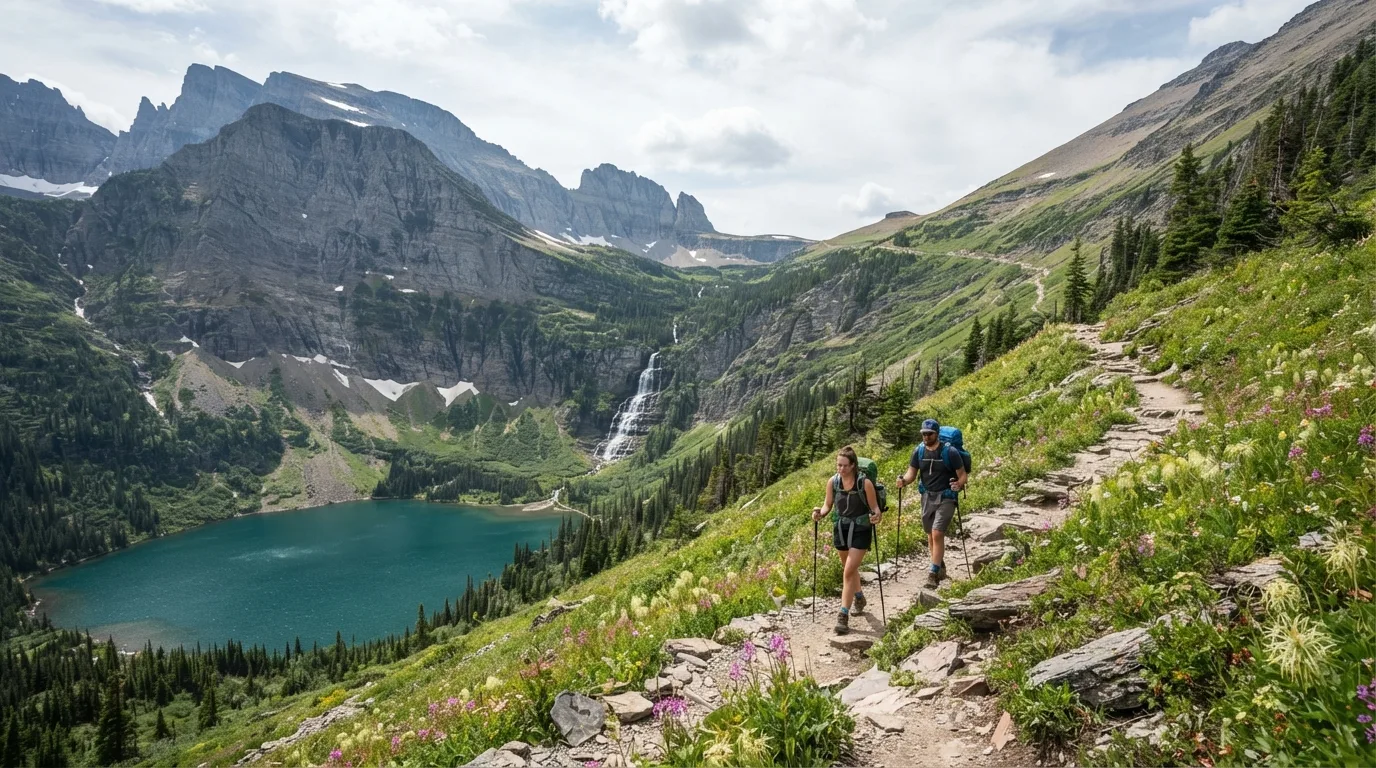 Hikers on Snyder Lake Trail in Glacier with alpine passes, glacial lakes, bear country, waterfalls, and sweeping valley walls.