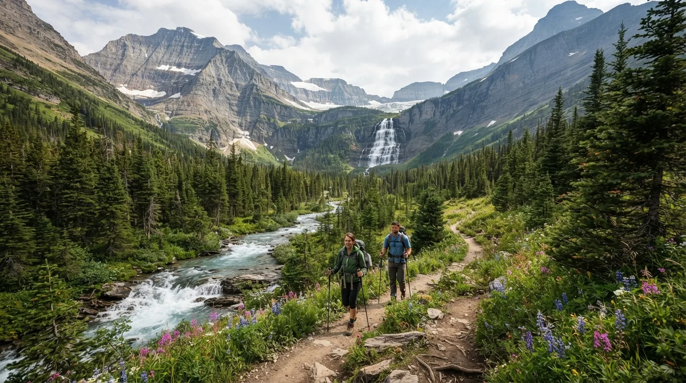 Hikers on McDonald Creek Trail in Glacier with alpine passes, glacial lakes, bear country, waterfalls, and sweeping valley walls.