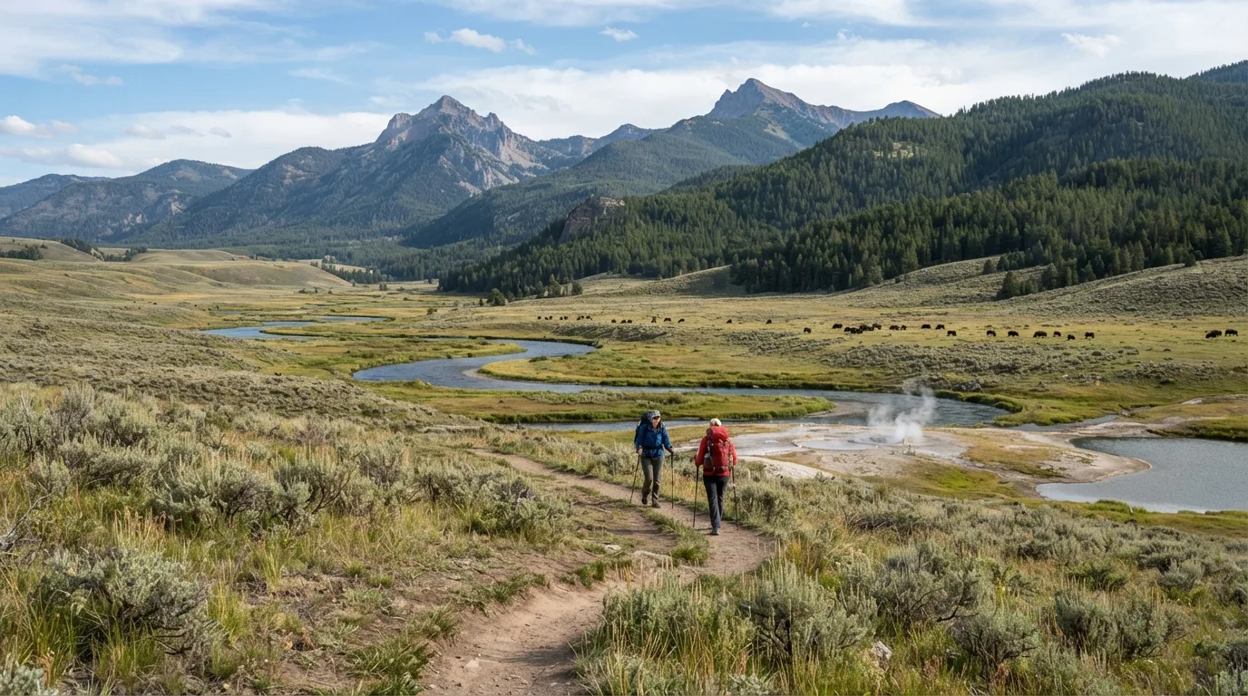 Hikers on Lamar River Trail in Yellowstone with thermal basins, lake shorelines, open valleys, forested peaks, and wildlife corridors.