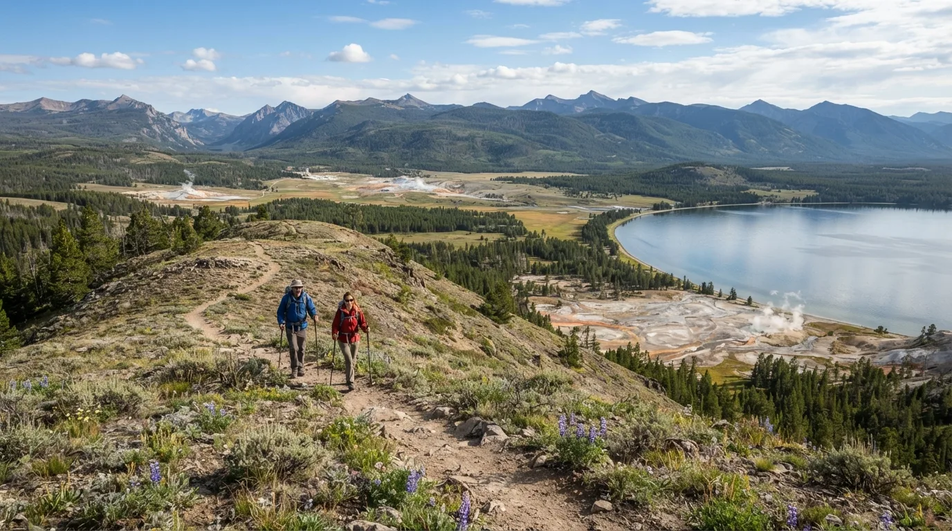 Hikers on Specimen Ridge Trail in Yellowstone with thermal basins, lake shorelines, open valleys, forested peaks, and wildlife corridors.