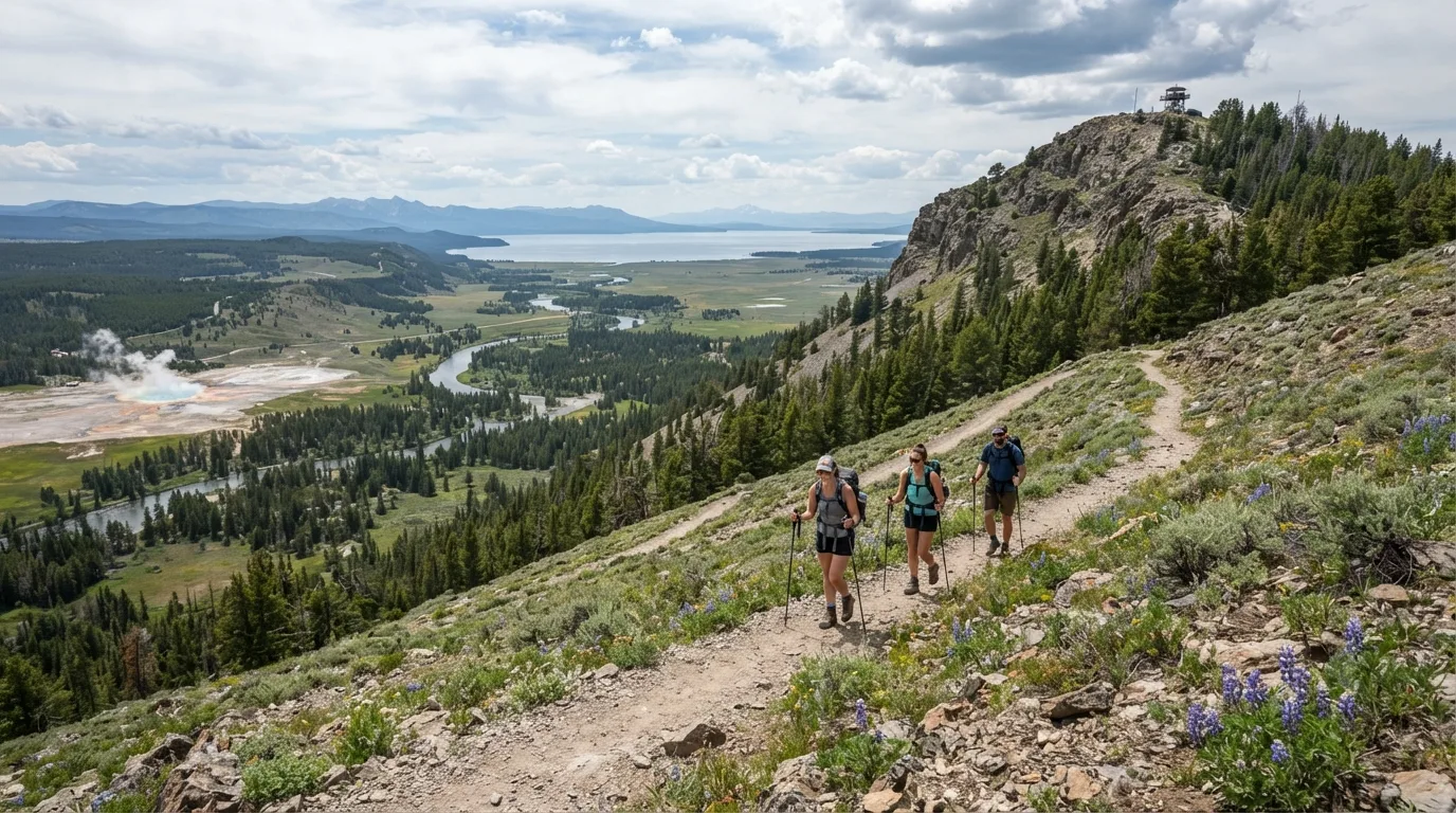 Hikers on Mount Washburn from Chittenden Road in Yellowstone with thermal basins, lake shorelines, open valleys, forested peaks, and wildlife corridors.