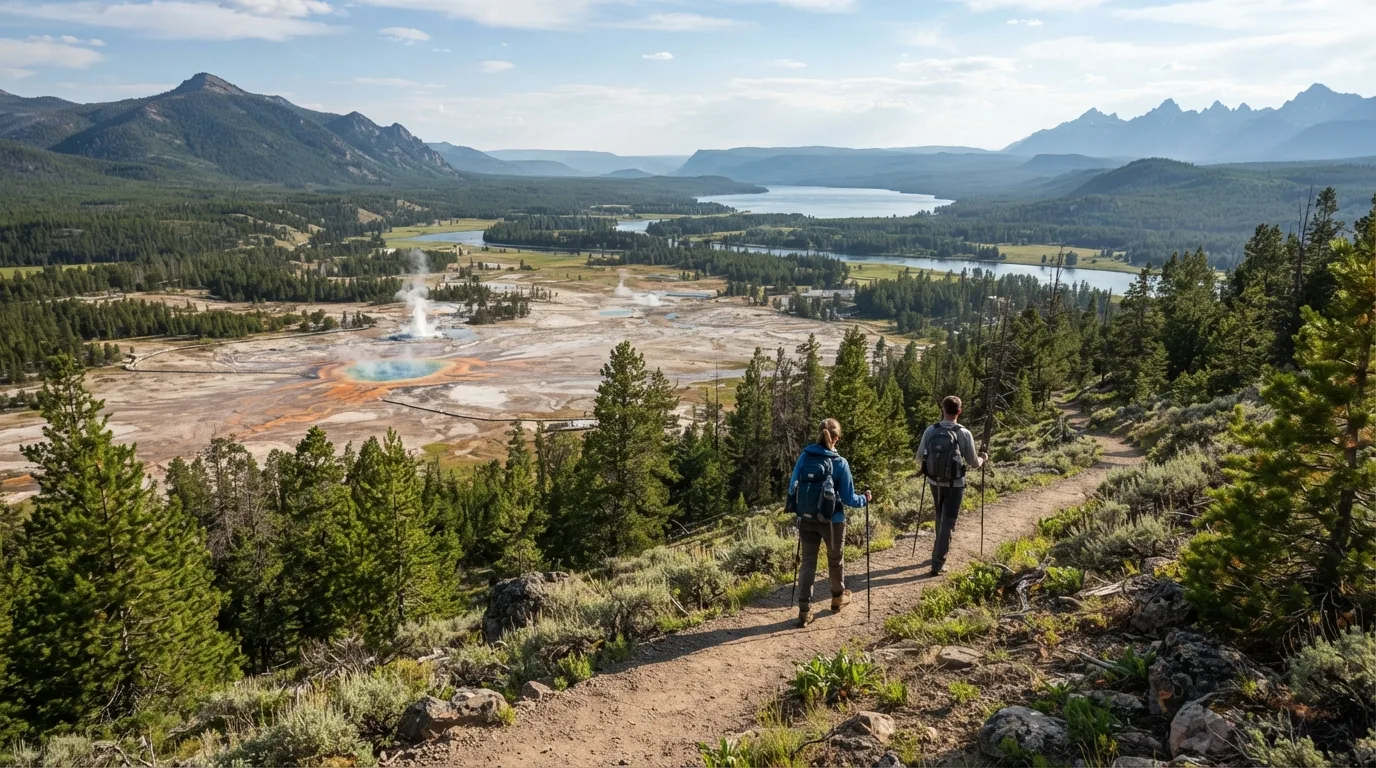 Hikers on Purple Mountain Trail in Yellowstone with thermal basins, lake shorelines, open valleys, forested peaks, and wildlife corridors.