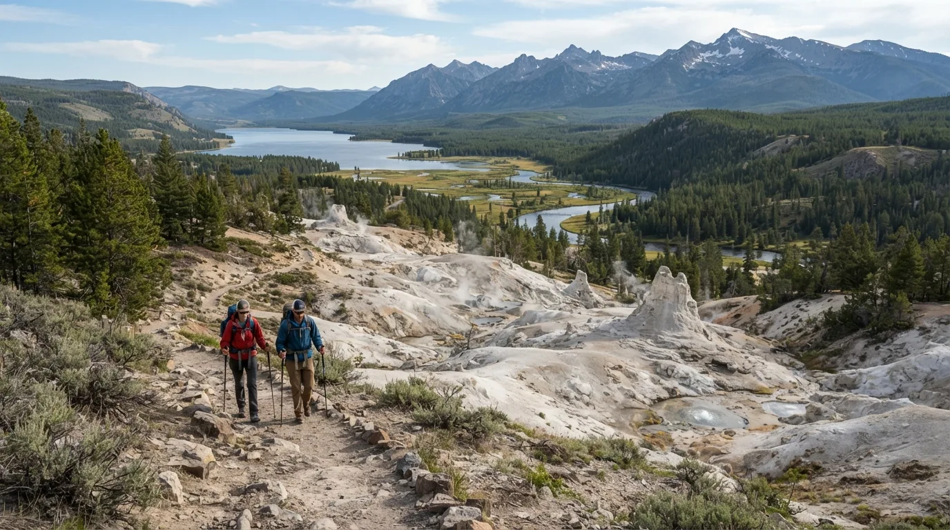 Hikers on Monument Geyser Basin Trail in Yellowstone with thermal basins, lake shorelines, open valleys, forested peaks, and wildlife corridors.