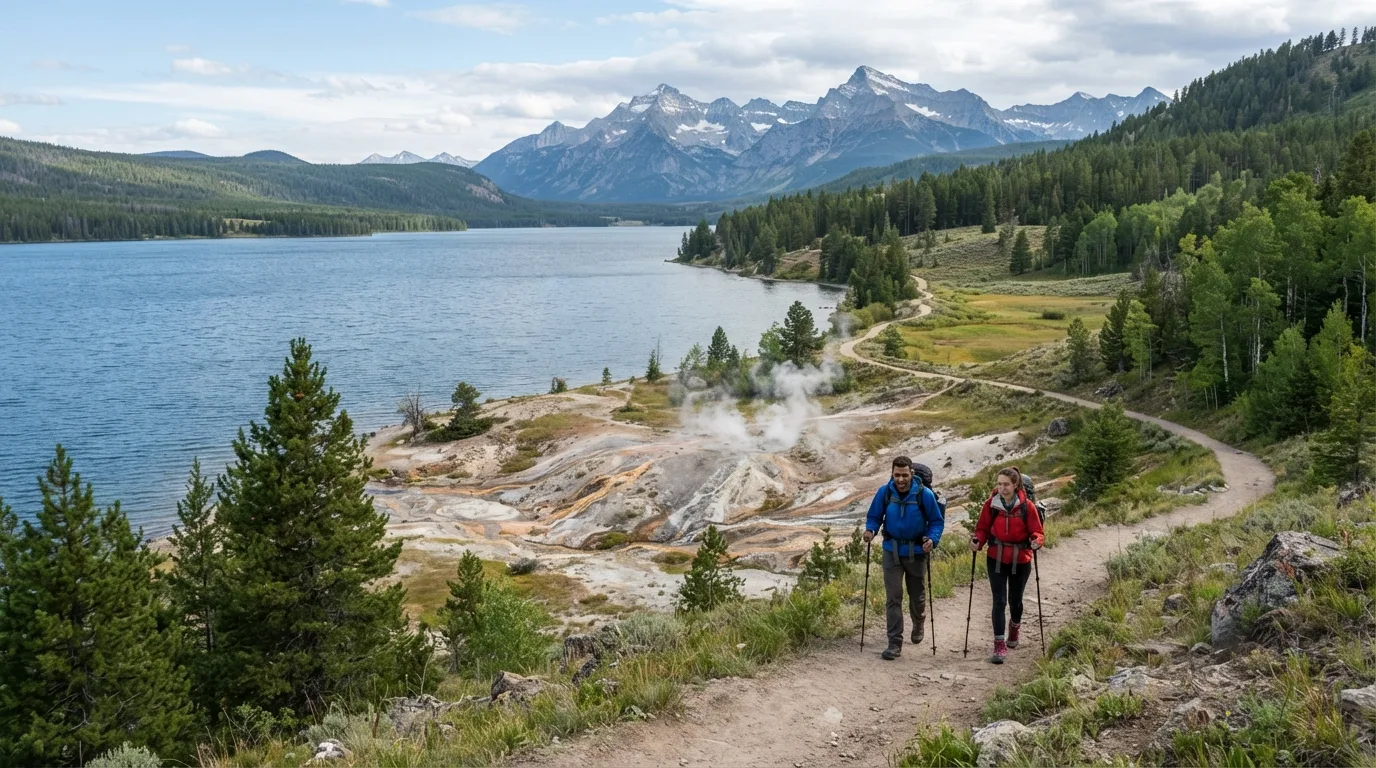 Hikers on DeLacy Creek Trail in Yellowstone with thermal basins, lake shorelines, open valleys, forested peaks, and wildlife corridors.
