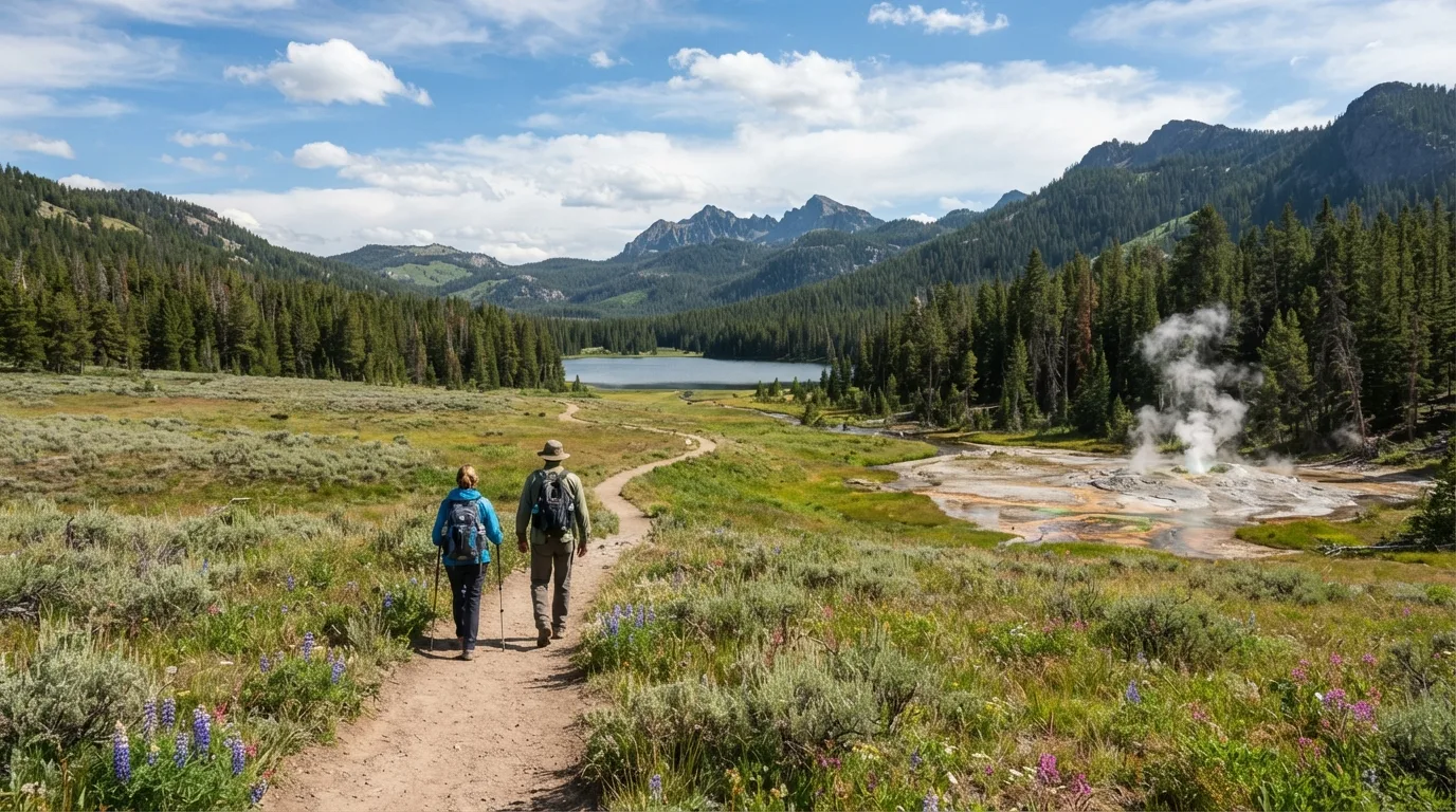 Hikers on Riddle Lake Trail in Yellowstone with thermal basins, lake shorelines, open valleys, forested peaks, and wildlife corridors.