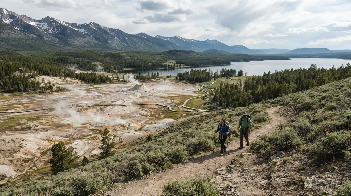 Hikers on Howard Eaton Trail near Old Faithful in Yellowstone with thermal basins, lake shorelines, open valleys, forested peaks, and wildlife corridors.