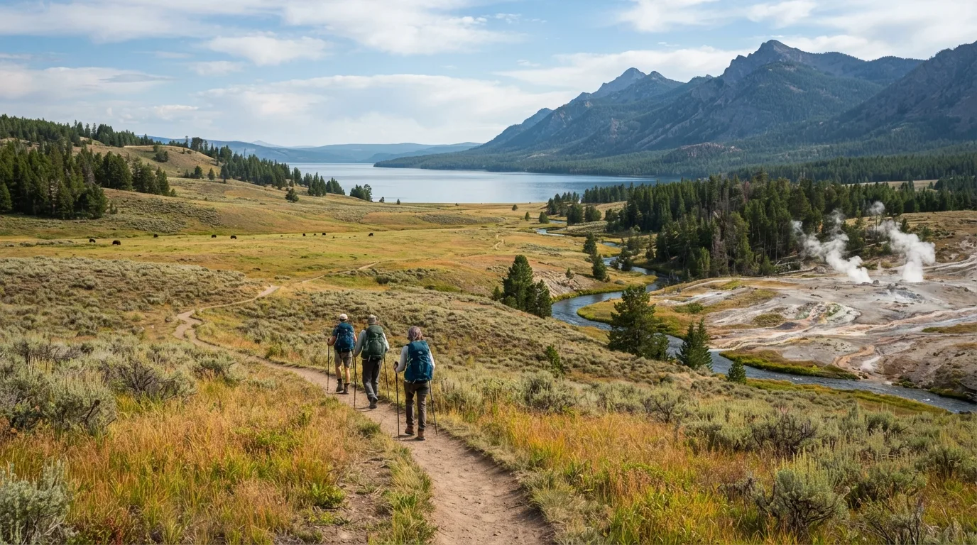 Hikers on Blacktail Deer Creek Trail in Yellowstone with thermal basins, lake shorelines, open valleys, forested peaks, and wildlife corridors.