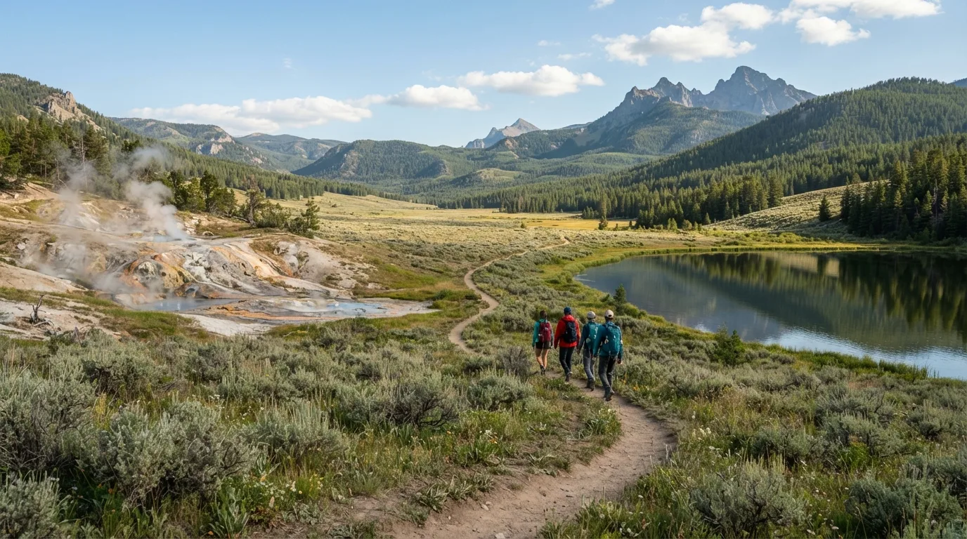 Hikers on Rescue Creek Trail in Yellowstone with thermal basins, lake shorelines, open valleys, forested peaks, and wildlife corridors.