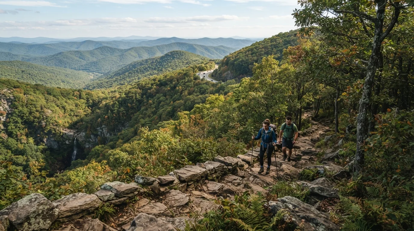 Hikers on Robertson Mountain Trail in Shenandoah with Appalachian ridges, waterfall hollows, rocky overlooks, and Skyline Drive access points.