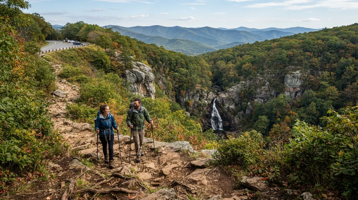 Hikers on Hazel Falls Trail in Shenandoah with Appalachian ridges, waterfall hollows, rocky overlooks, and Skyline Drive access points.