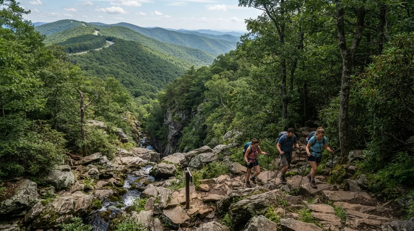 Hikers on Little Devils Stairs Loop in Shenandoah with Appalachian ridges, waterfall hollows, rocky overlooks, and Skyline Drive access points.