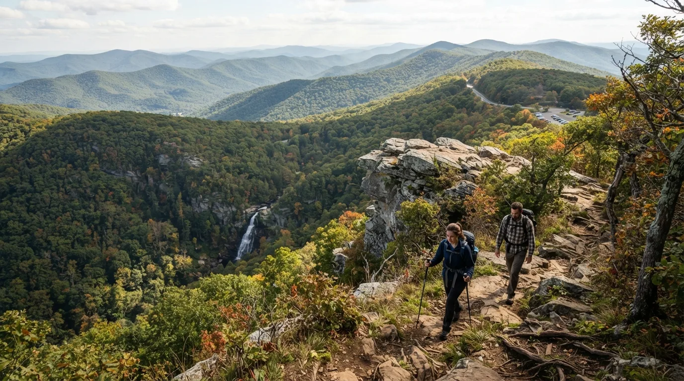 Hikers on Sugarloaf Loop in Shenandoah with Appalachian ridges, waterfall hollows, rocky overlooks, and Skyline Drive access points.