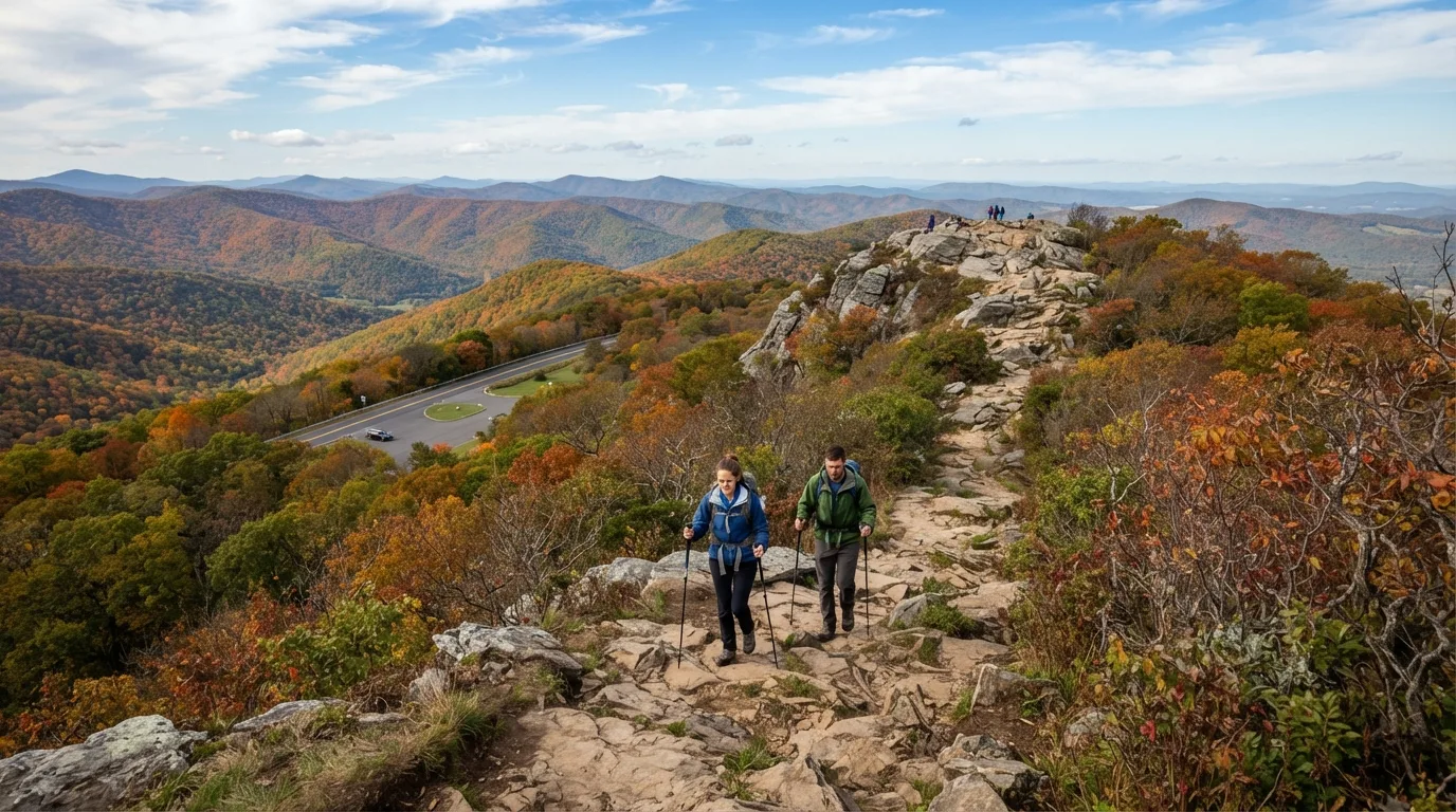 Hikers on Appalachian Trail to Hightop Summit in Shenandoah with Appalachian ridges, waterfall hollows, rocky overlooks, and Skyline Drive access points.