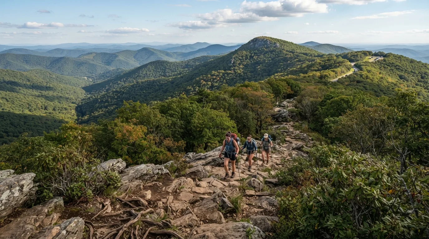 Hikers on Turk Mountain Trail in Shenandoah with Appalachian ridges, waterfall hollows, rocky overlooks, and Skyline Drive access points.
