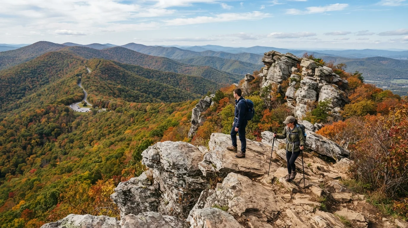 Hikers on Chimney Rock and Calvary Rocks in Shenandoah with Appalachian ridges, waterfall hollows, rocky overlooks, and Skyline Drive access points.