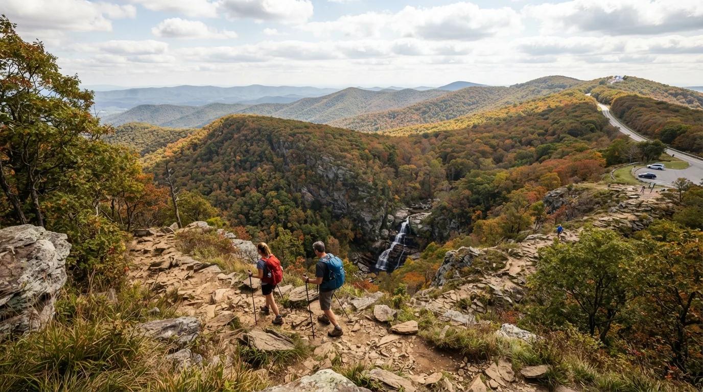 Hikers on Riprap Trail in Shenandoah with Appalachian ridges, waterfall hollows, rocky overlooks, and Skyline Drive access points.