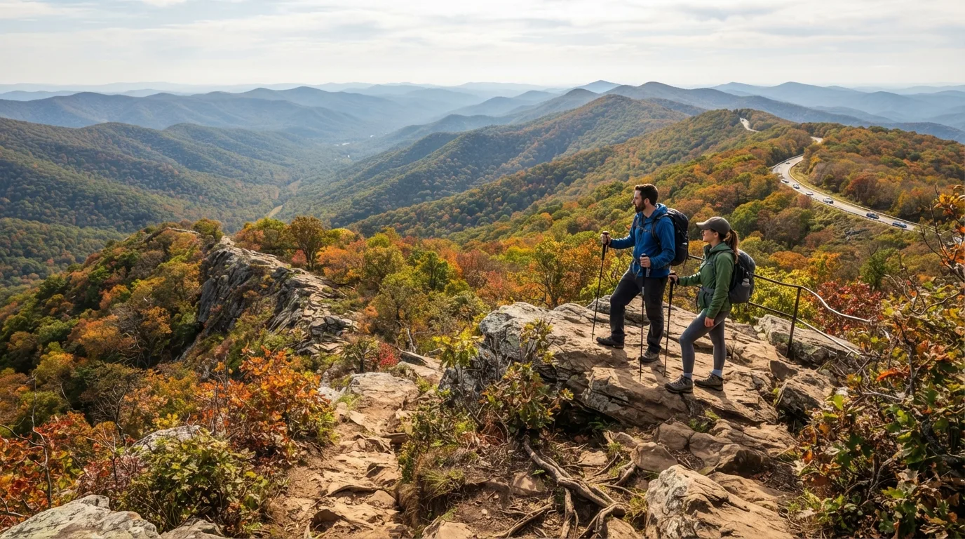 Hikers on Wildcat Ridge Trail in Shenandoah with Appalachian ridges, waterfall hollows, rocky overlooks, and Skyline Drive access points.