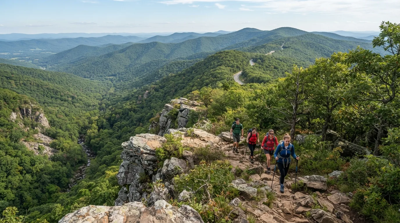 Hikers on Big Run Loop in Shenandoah with Appalachian ridges, waterfall hollows, rocky overlooks, and Skyline Drive access points.