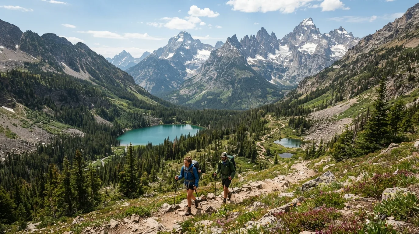 Hikers on Paintbrush Canyon to Paintbrush Divide in Grand Teton with glacial lakes, lodgepole forest, canyon mouths, moraine benches, and sharp mountain skyline.